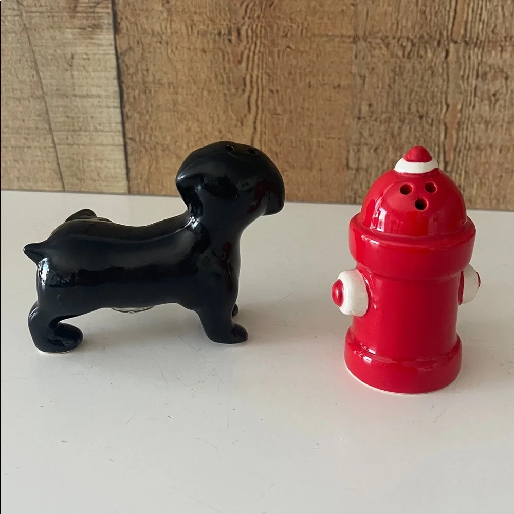 Pier 1 Black Dog and Red Fire Hydrant Salt & Pepper Shakers